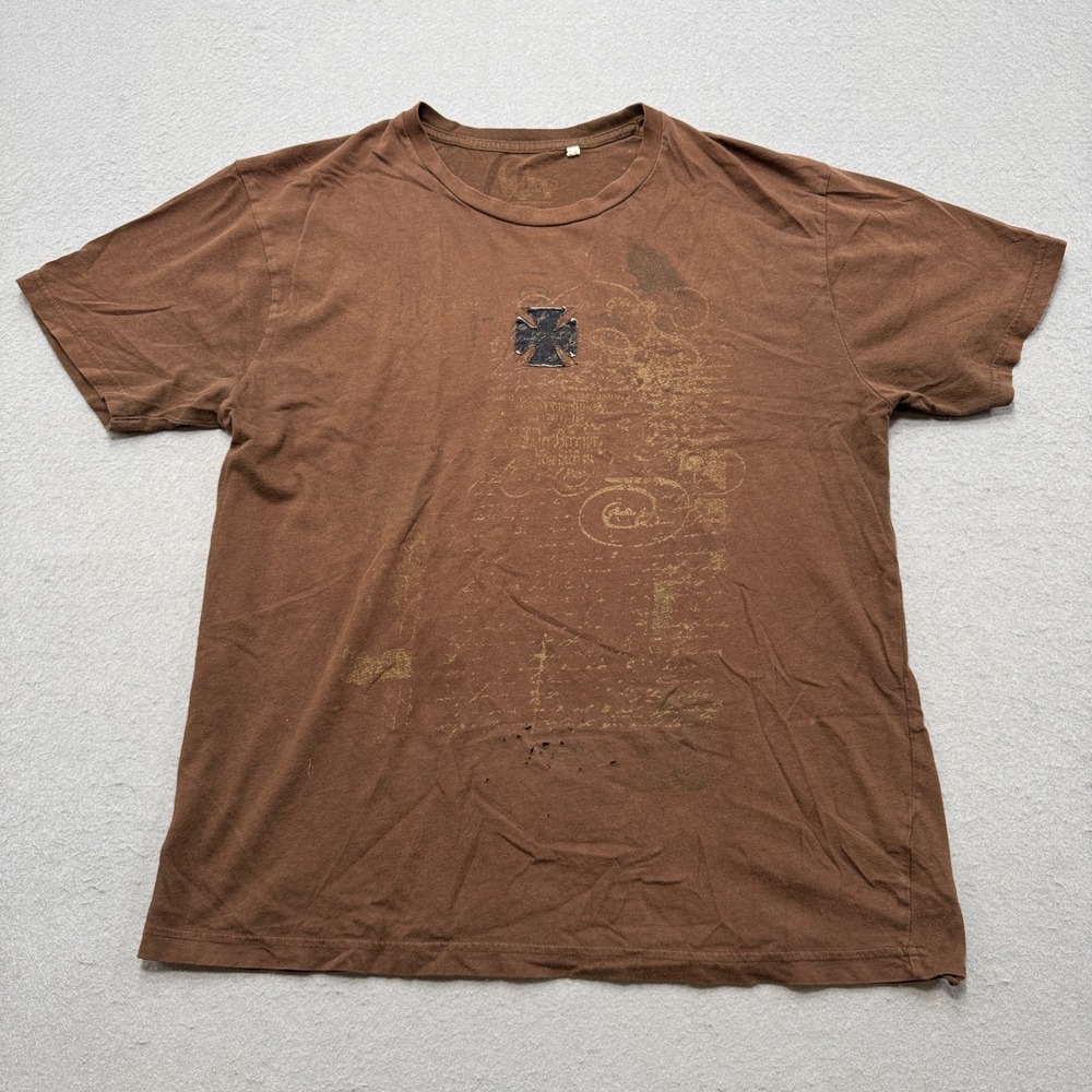Y2K Guess T-Shirt Men's 2XL Brown Graphic Short Sleeve Grunge Biker Distressed